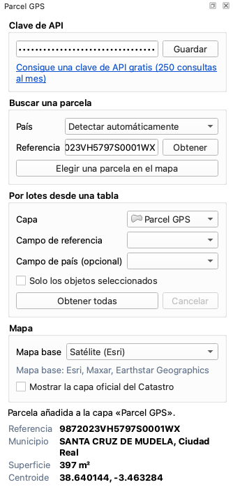 Das Parcel-GPS-Panel in QGIS mit API-Key, Suche per Kennzeichen, Stapelabruf aus einer Tabelle und Auswahl der Hintergrundkarte